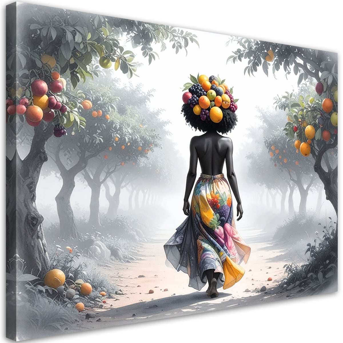 Obraz nowoczesny do salonu, Kobieta z owocami na głowie 90x60