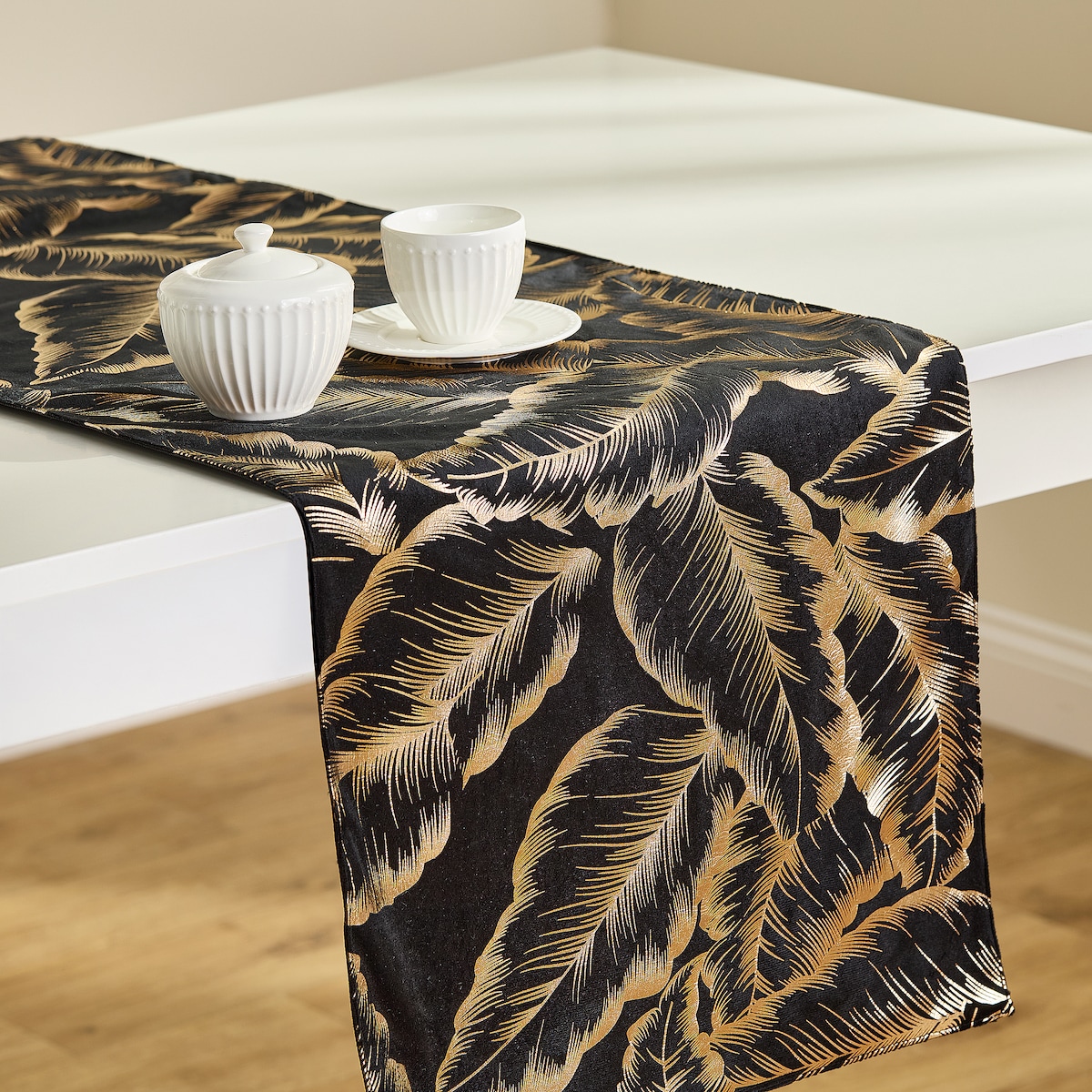 Bieżnik Welwetowy Foglare 40x180 cm z motywem liściastym