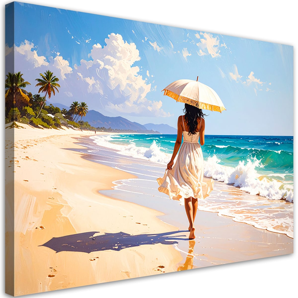 Obraz do salonu sypialni, Kobieta z parasolką spaerująca po plaży 120x80 cm