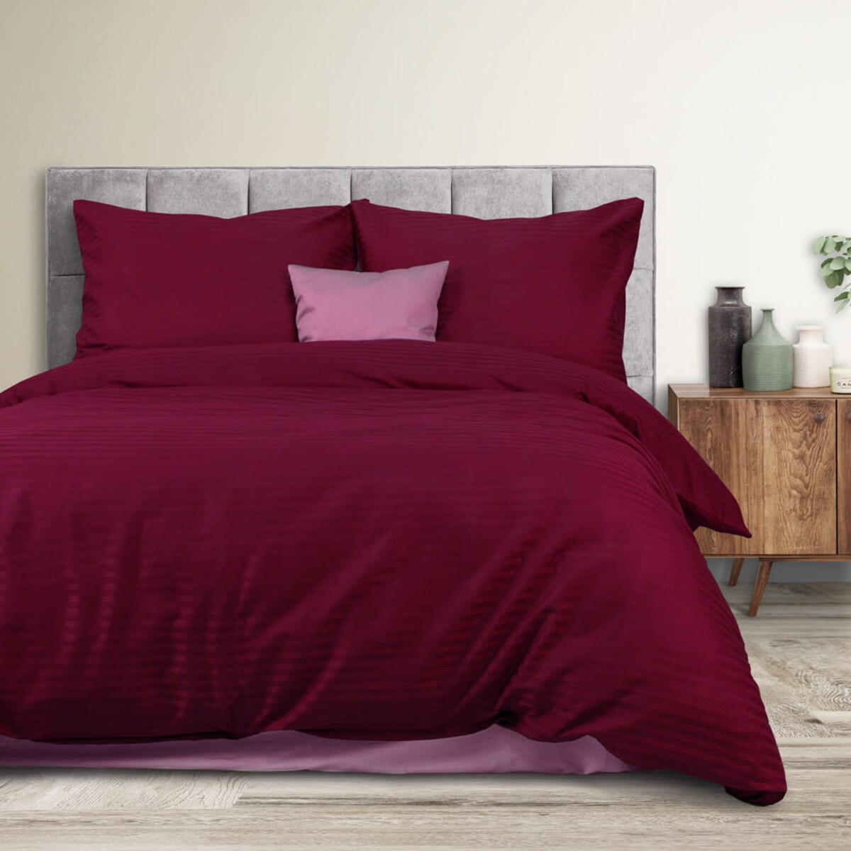 Pościel satyna bawełniana 200x220 Exclusive Cizgili kolor bordo