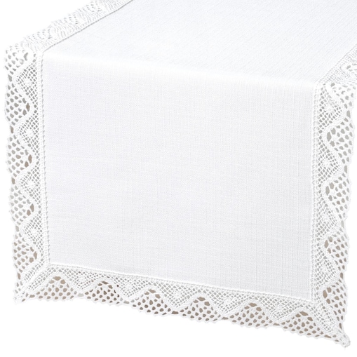 Bieżnik plamoodporny P130 biały z koronką K205 białą - 40x140 cm - biały
