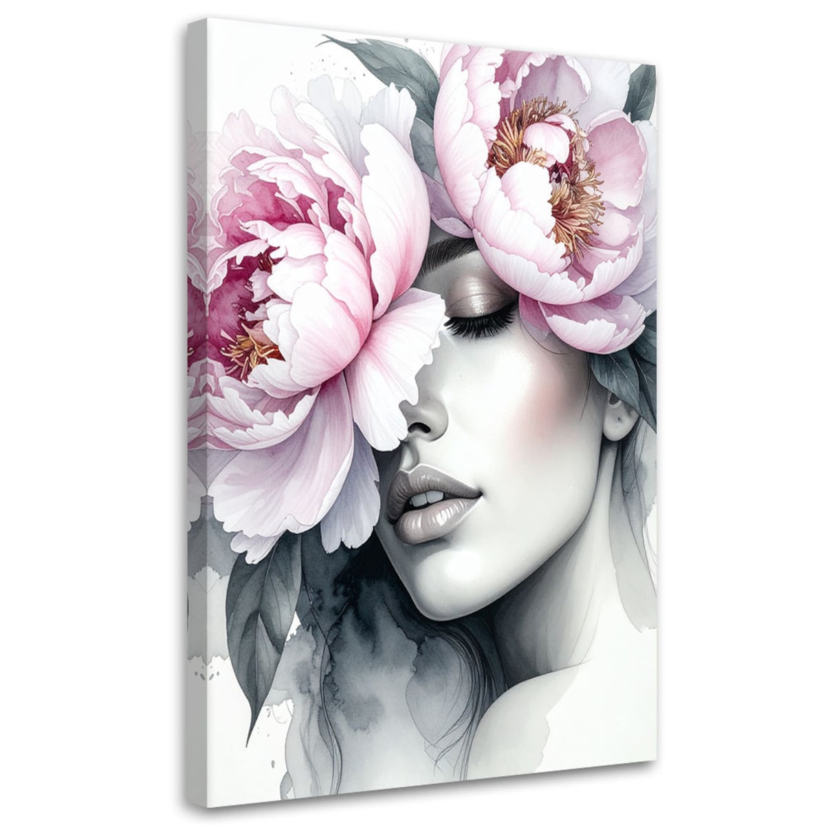 Obraz do salonu sypialni, Dziewczyna z kwiatami piwonii na głowie 70x100