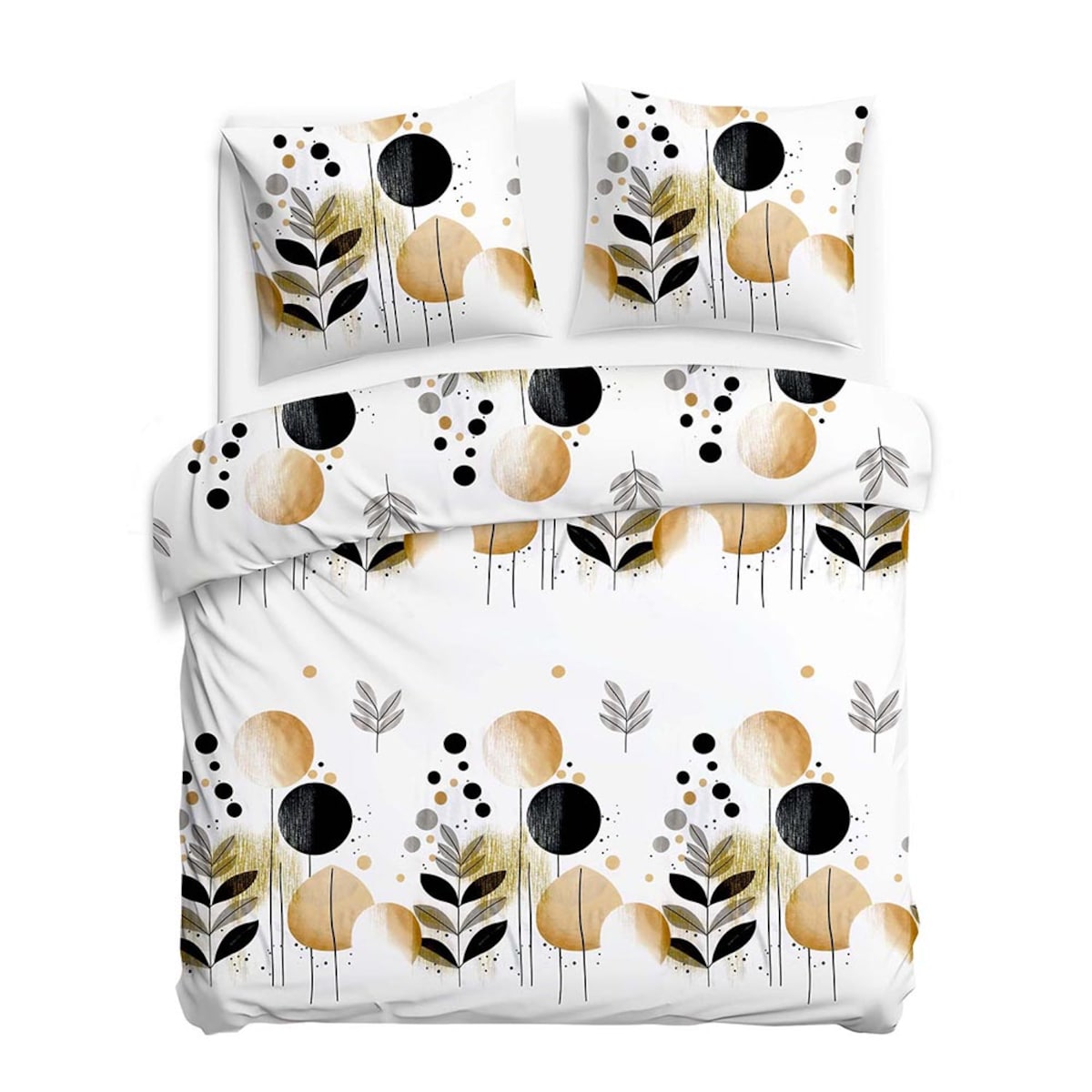 Pościel satyna bawełniana Linure biała z geometrycznym wzorem w beżu i czerni, Satynlove