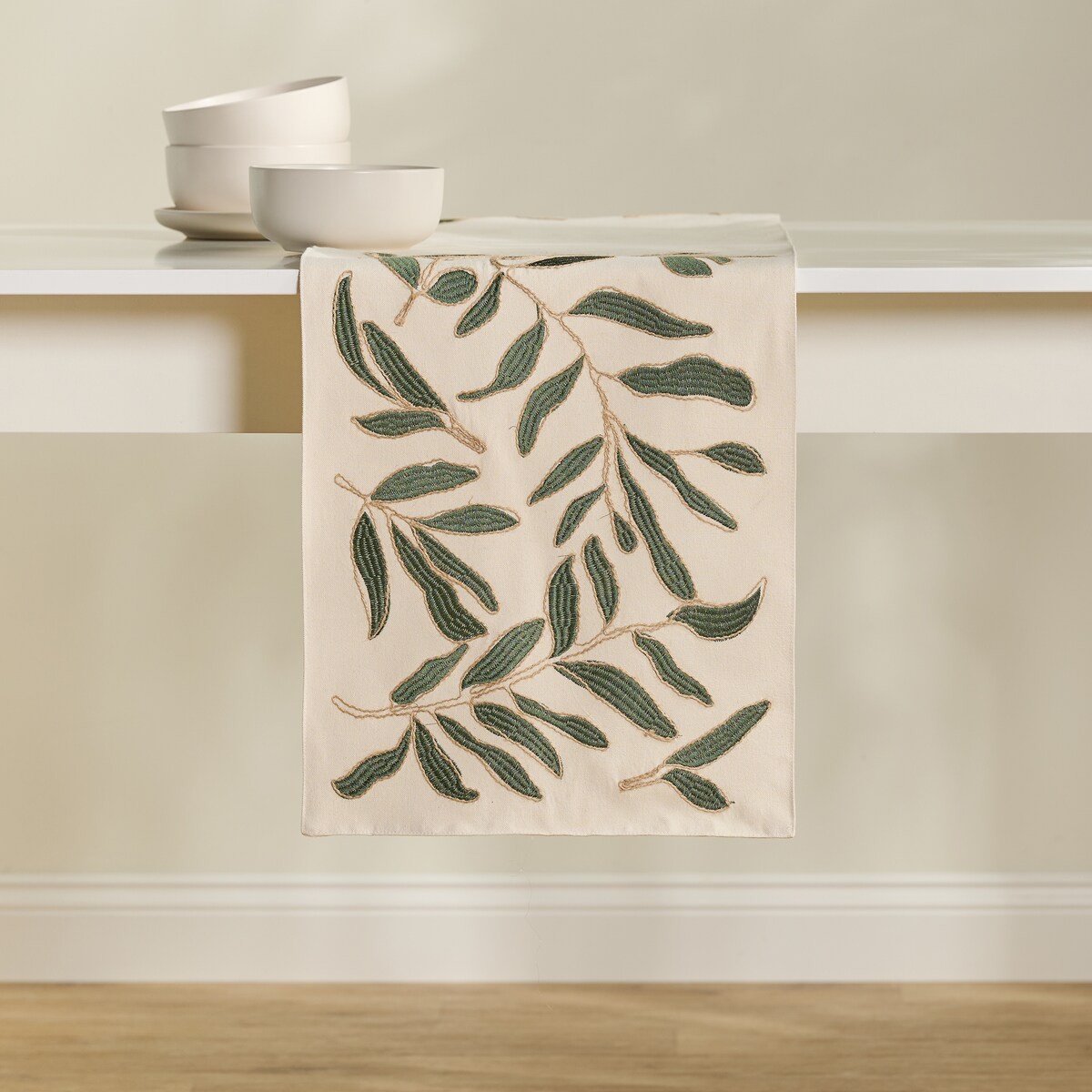 Bieżnik Haftowany Leafso 35x180 cm z motywem liściastym