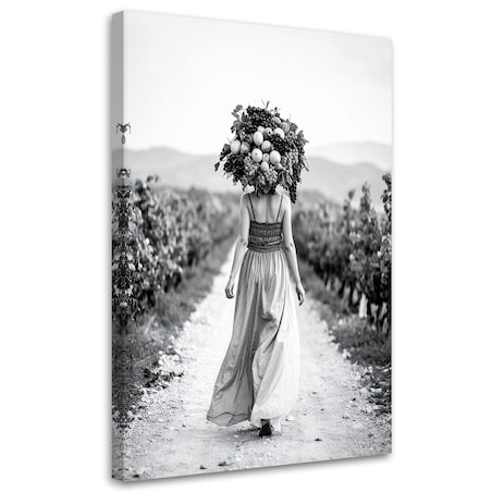 Obraz czarno biały do salonu, Kobieta z owocami na głowie 70x100