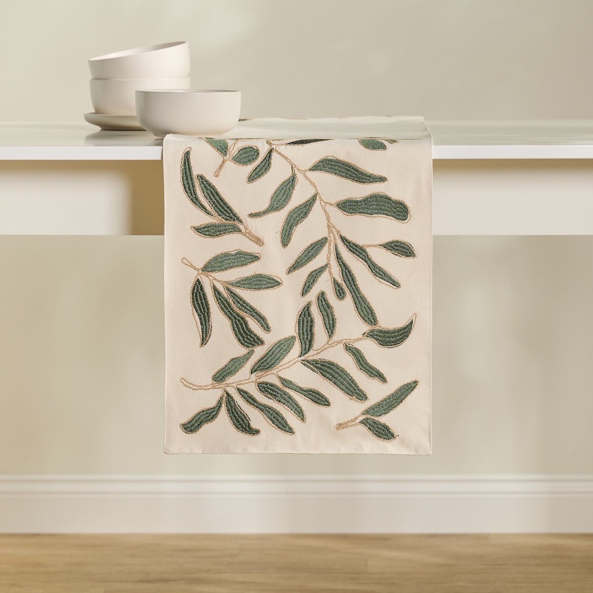 Bieżnik Haftowany Leafso 35x180 cm z motywem liściastym