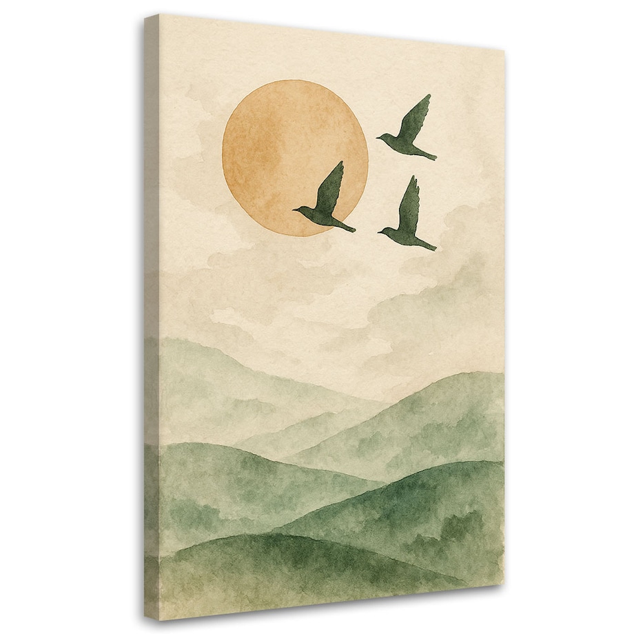 Feeby Obraz Japandi, Ptaki Góry Akwarela Zielenie Beż 70x100