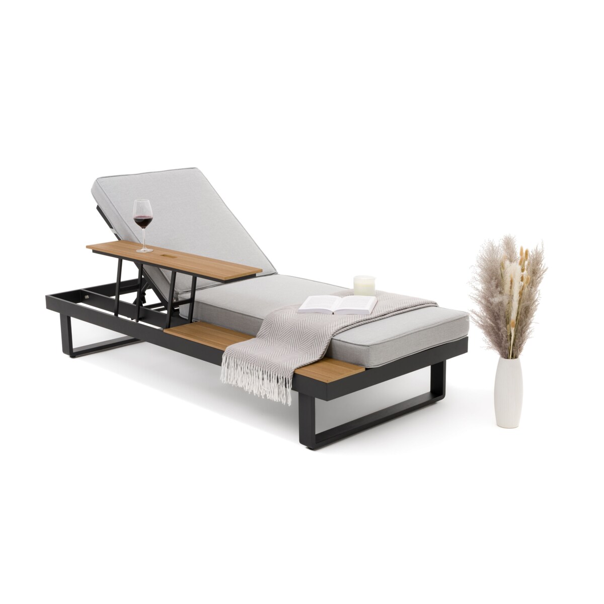 Leżak ogrodowy tarasowy z podnoszonym stolikiem aluminiowy ATOL szary