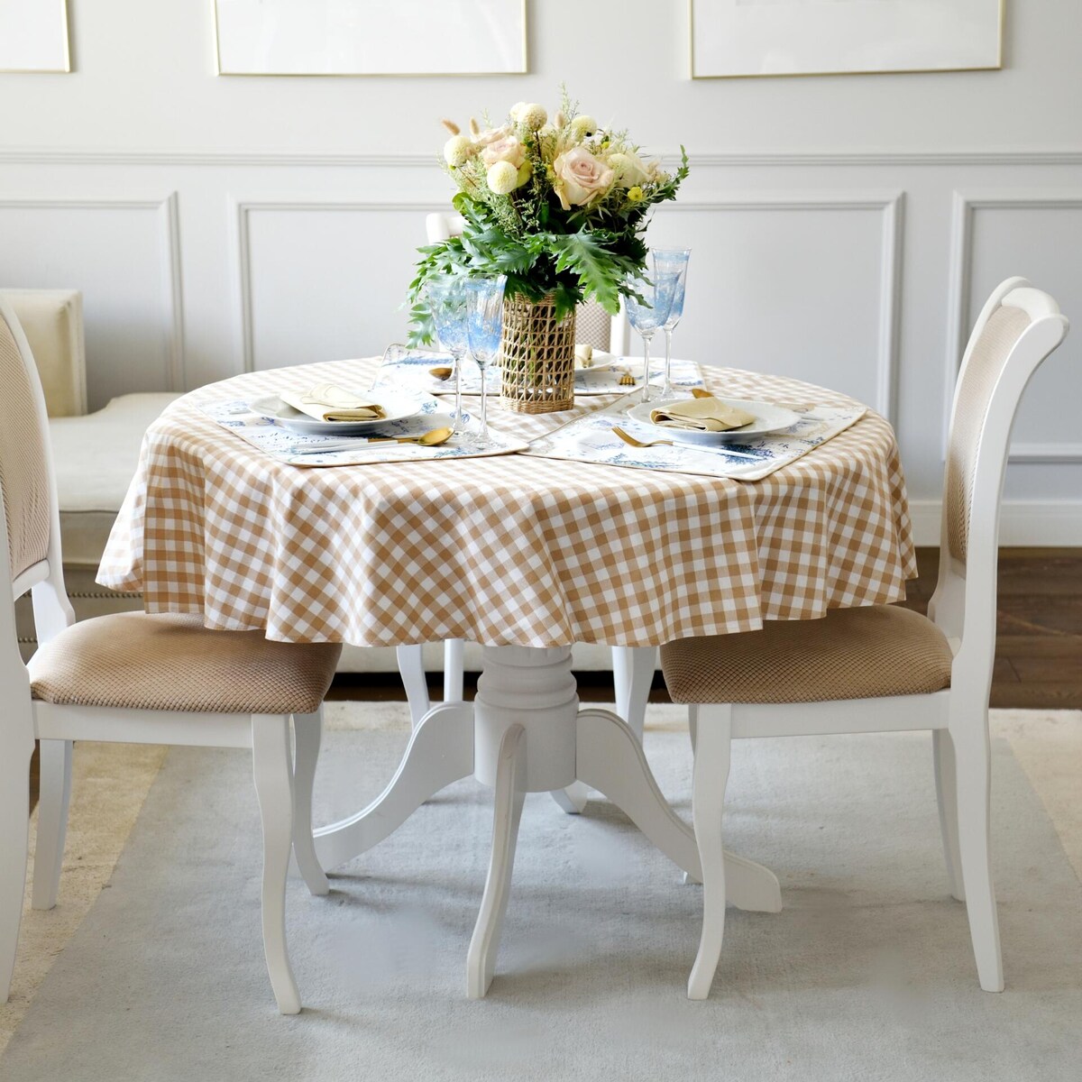 Obrus okrągły w drobną kratę Beige Gingham