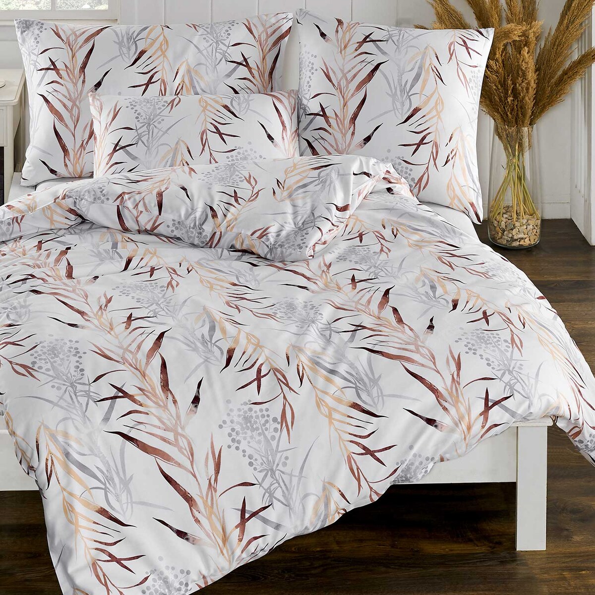 Pościel satyna bawełniana 200x220 Exclusive Dream biała w szaro beżowe liście