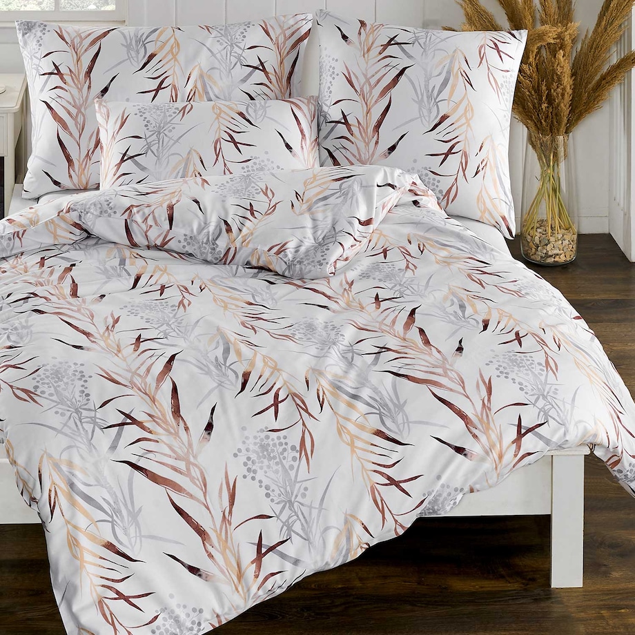 Pościel satyna bawełniana 200x220 Exclusive Dream biała w szaro beżowe liście