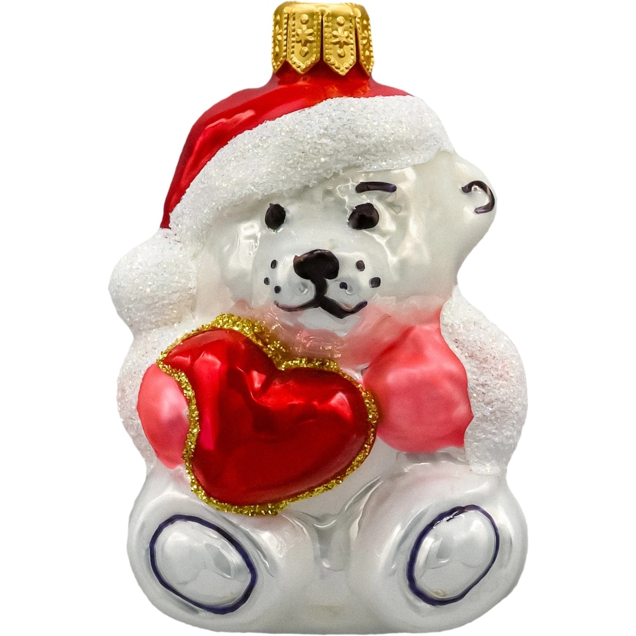 Bombka choinkowa: Miś polarny z czerwonym sercem i różowymi rękawiczkami
