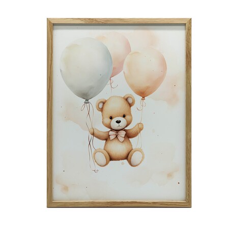 Miś w Balonowej Podróży, 50x70 cm, rama drewniana jasny dąb, papier matowy 230 gsm