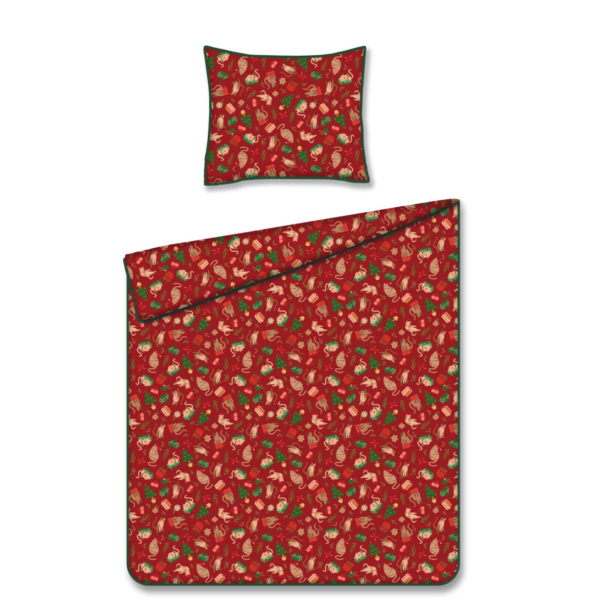 Pościel bawełniana z lamówką Miaoumas 140x200 cm z motywem choinki