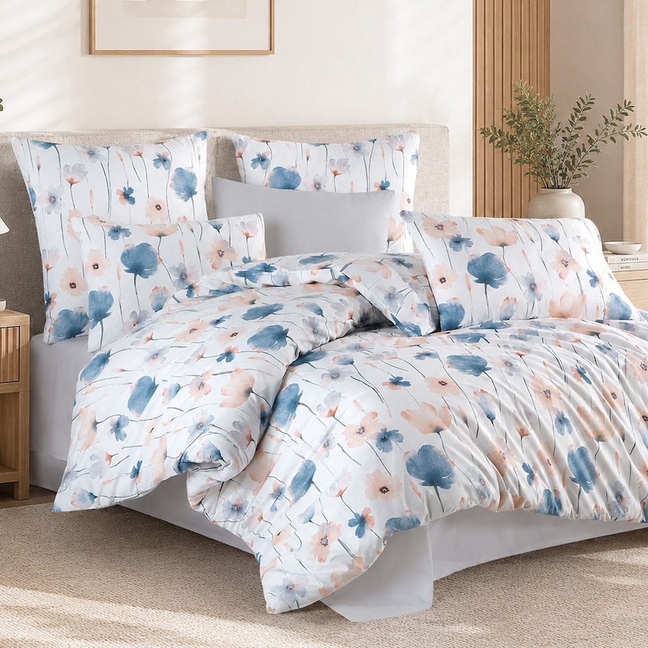 Pościel bawełniana Romance biała w niebieskie i pomarańczowe kwiaty, Cottonlove Exclusive, Darymex