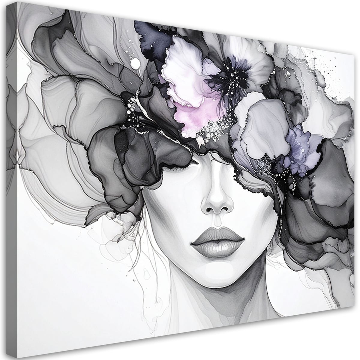 Obraz atramentowy do salonu sypialni, Kobieta z kwiatami na głowie 90x60