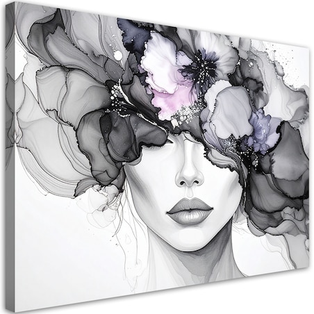 Obraz atramentowy do salonu sypialni, Kobieta z kwiatami na głowie 90x60