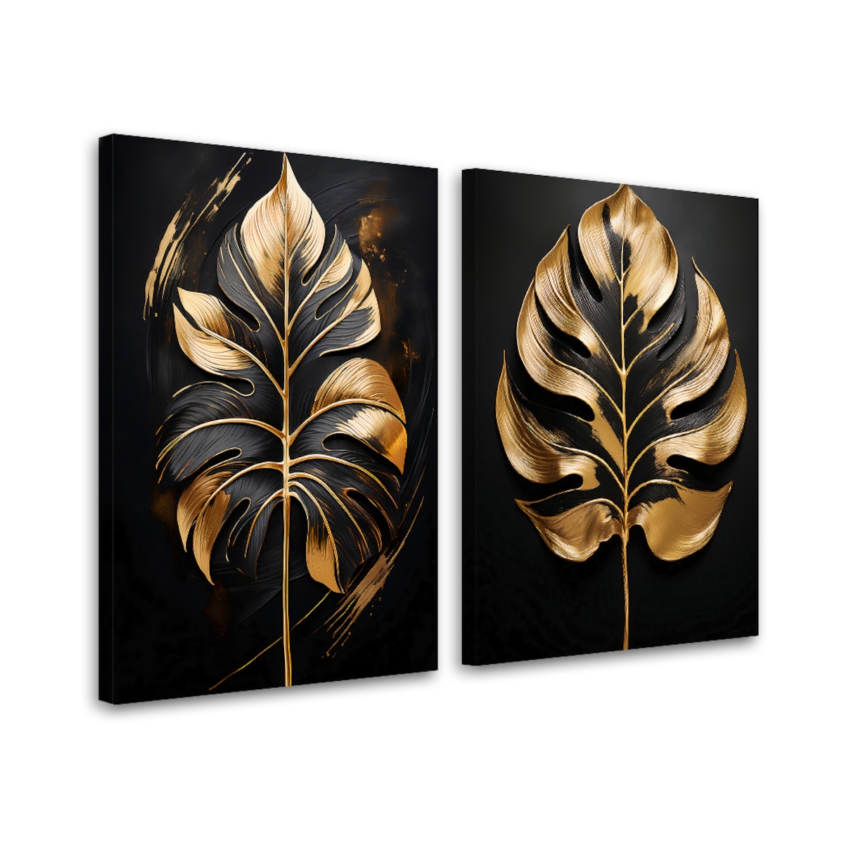 Zestaw 2 obrazy do salonu sypialni jadalni łazienki kuchni biura Monstera Złote Liście Glamour 80x60 (2x40x60)