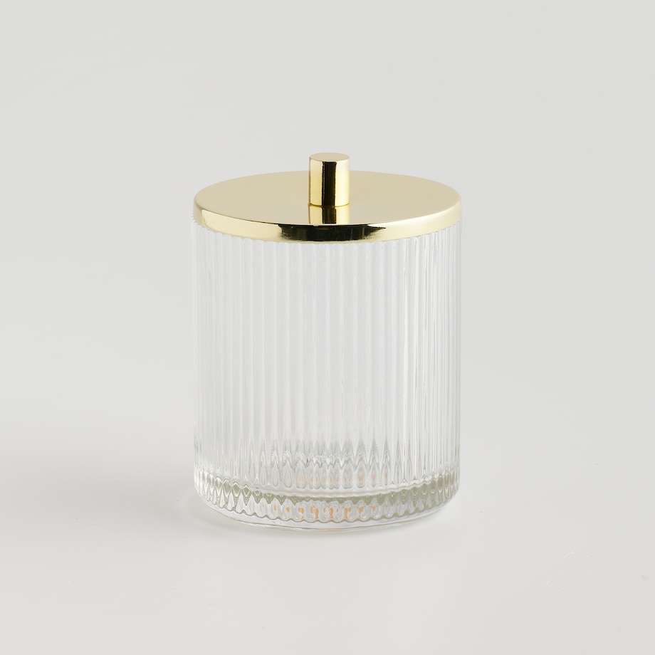 Pojemnik łazienkowy z ryflowanego szkła zdobiony metalem marcella