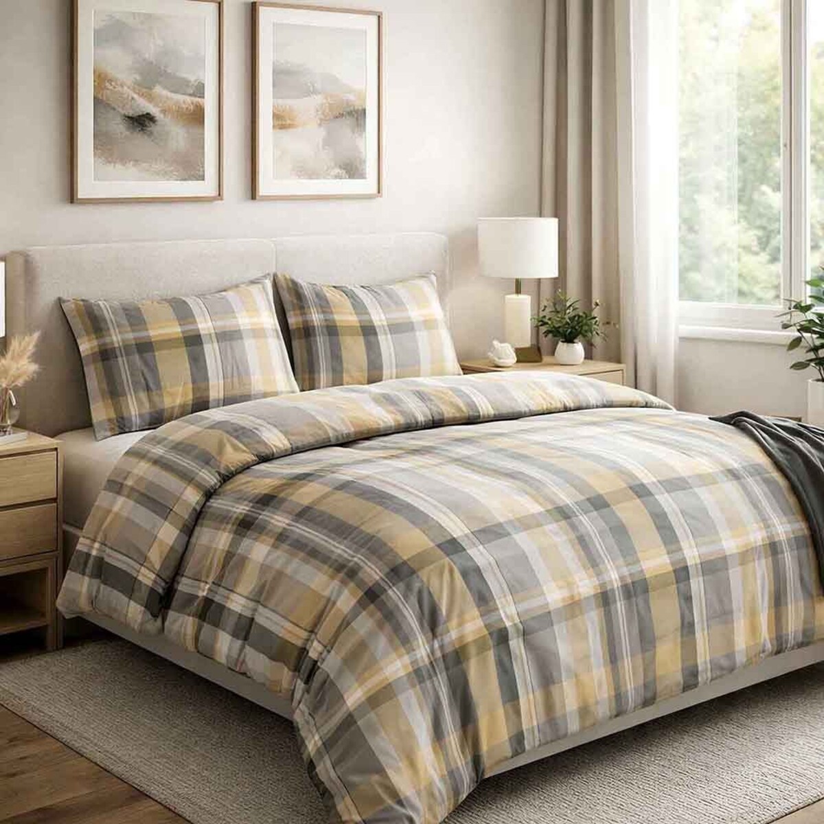 Pościel satyna bawełniana Marlow beżowa i szara w kratę, Satynlove, Darymex