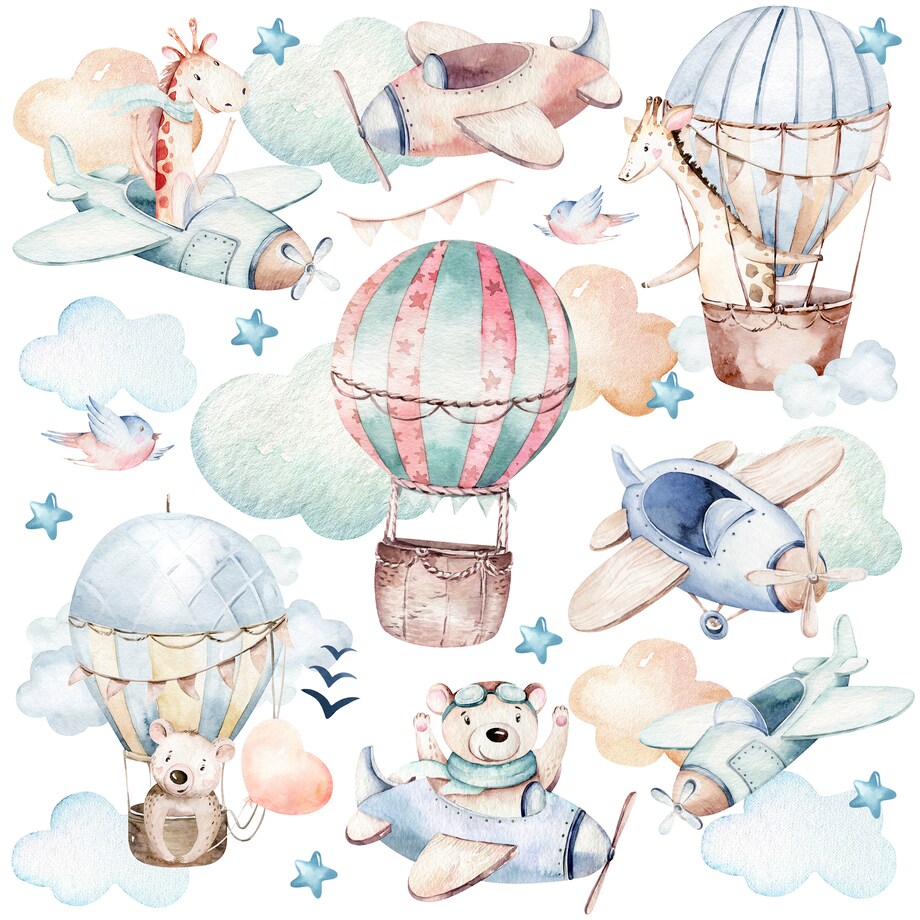 Naklejki Ścienne Dla Dzieci Samoloty Balony Zwierzątka Gwiazdy Ptaki ZESTAW 120x60cm