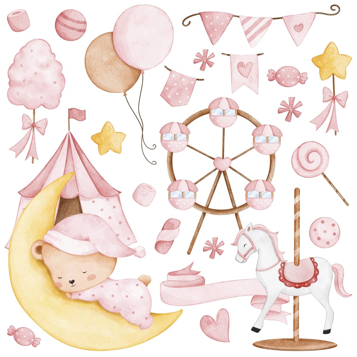 Naklejki Ścienne Dla Dzieci Misiu Na Księżycu Słodycze Balony Cyrk ZESTAW 60x30cm