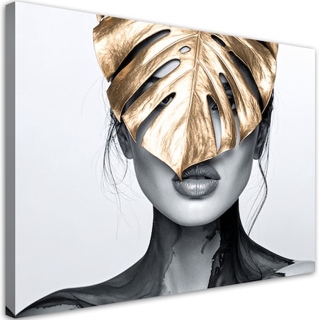 Obraz nowoczesny do salonu sypialni, Portret kobieta i złoty liść monstery 120x80