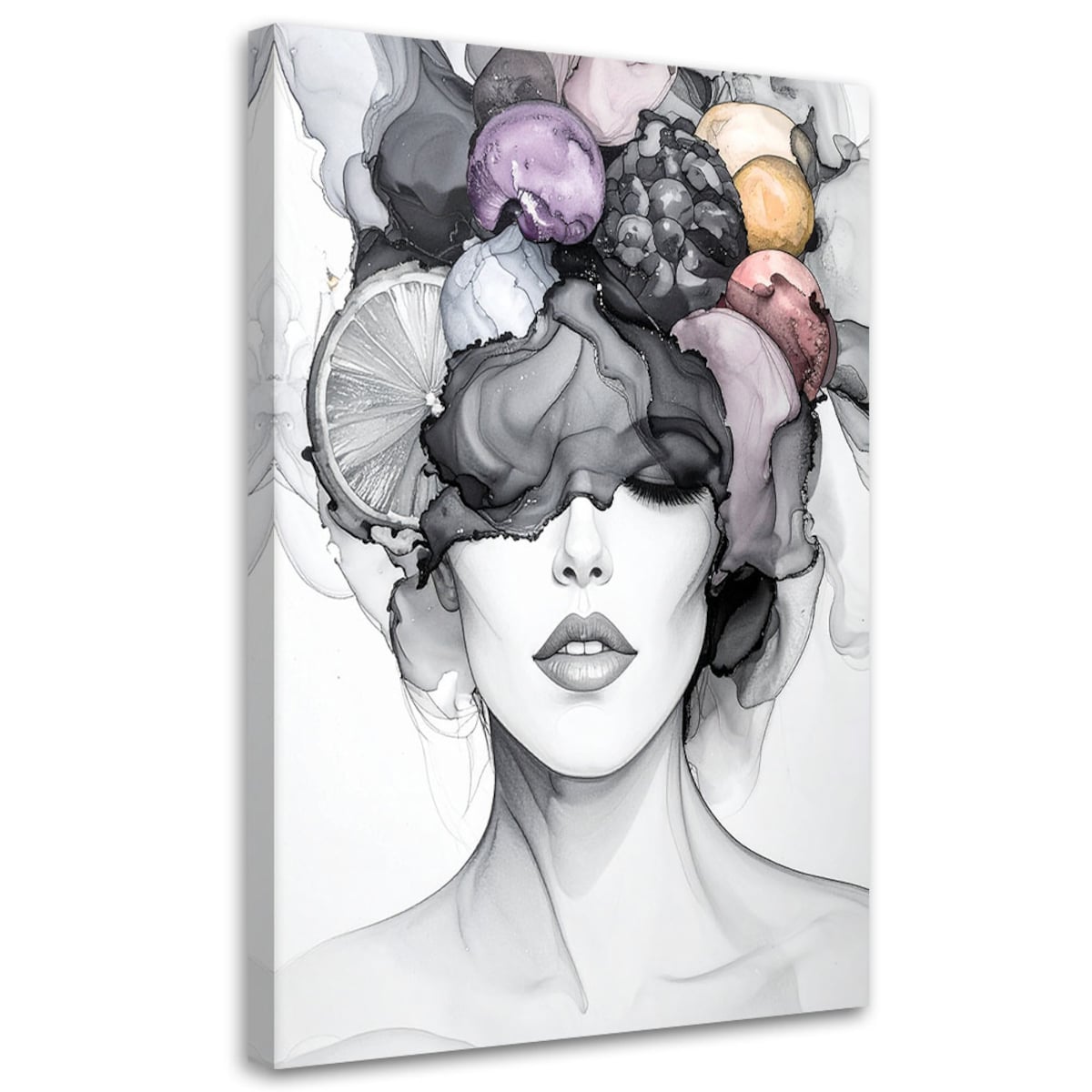 Obraz czarno biały do salonu kuchni, Kobieta z owocami na głowie 80x120