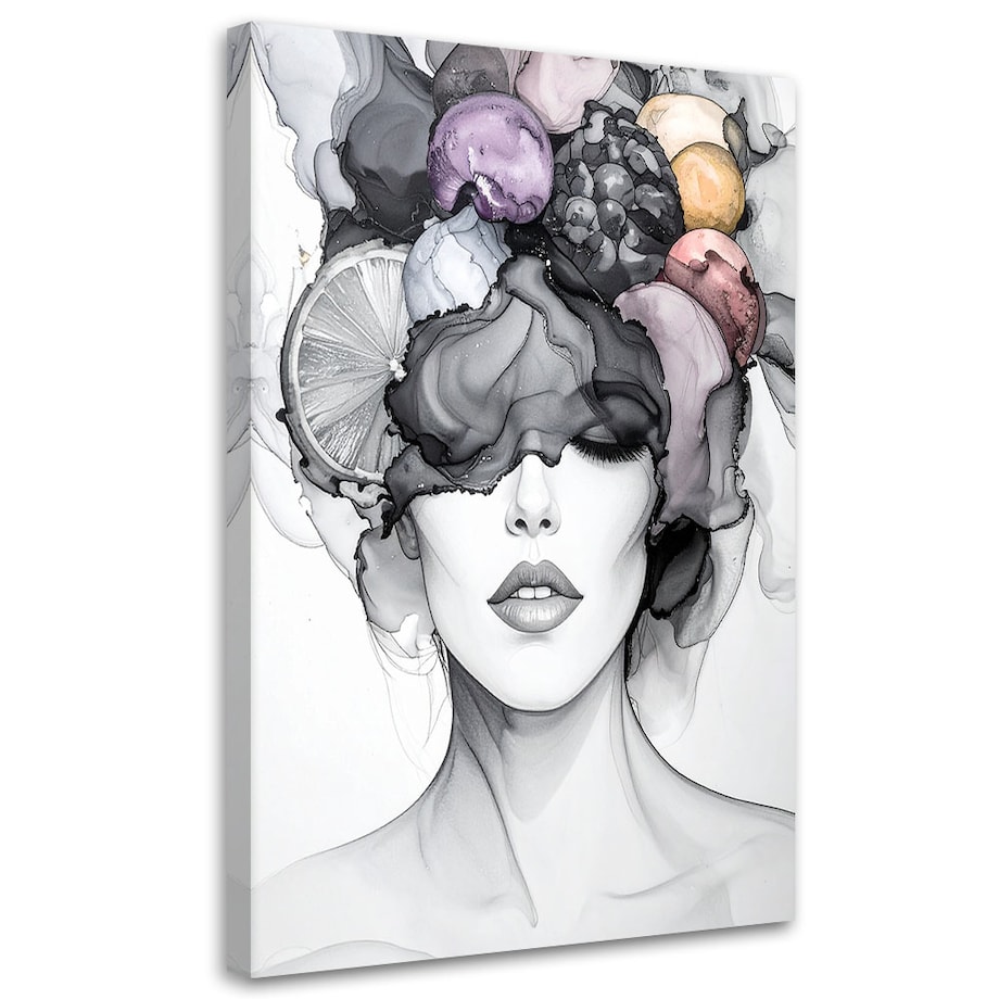 Obraz czarno biały do salonu kuchni, Kobieta z owocami na głowie 80x120