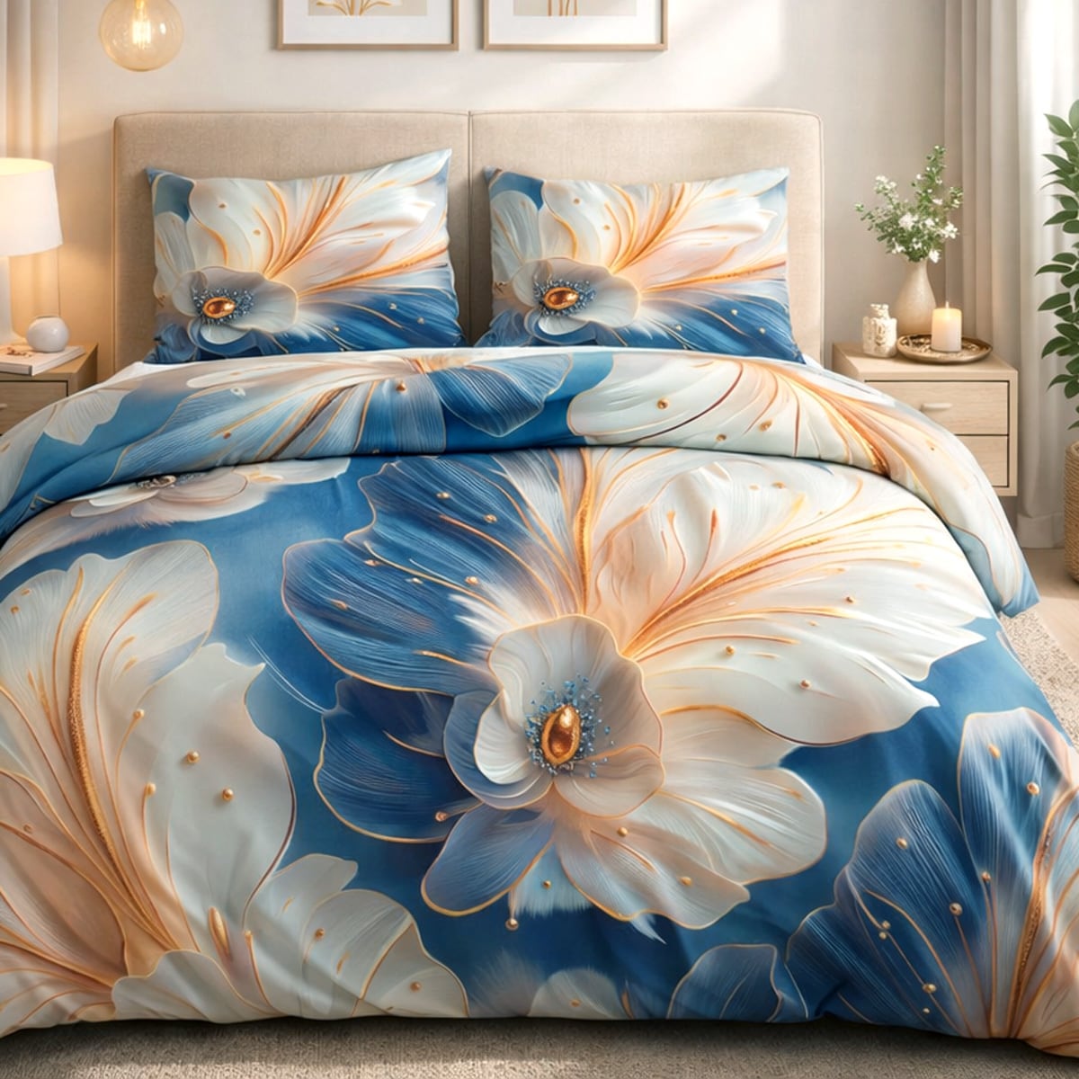 Pościel satyna bawełniana 180x200 Auroria złote kwiaty na niebieskim tle, Satynlove Premium