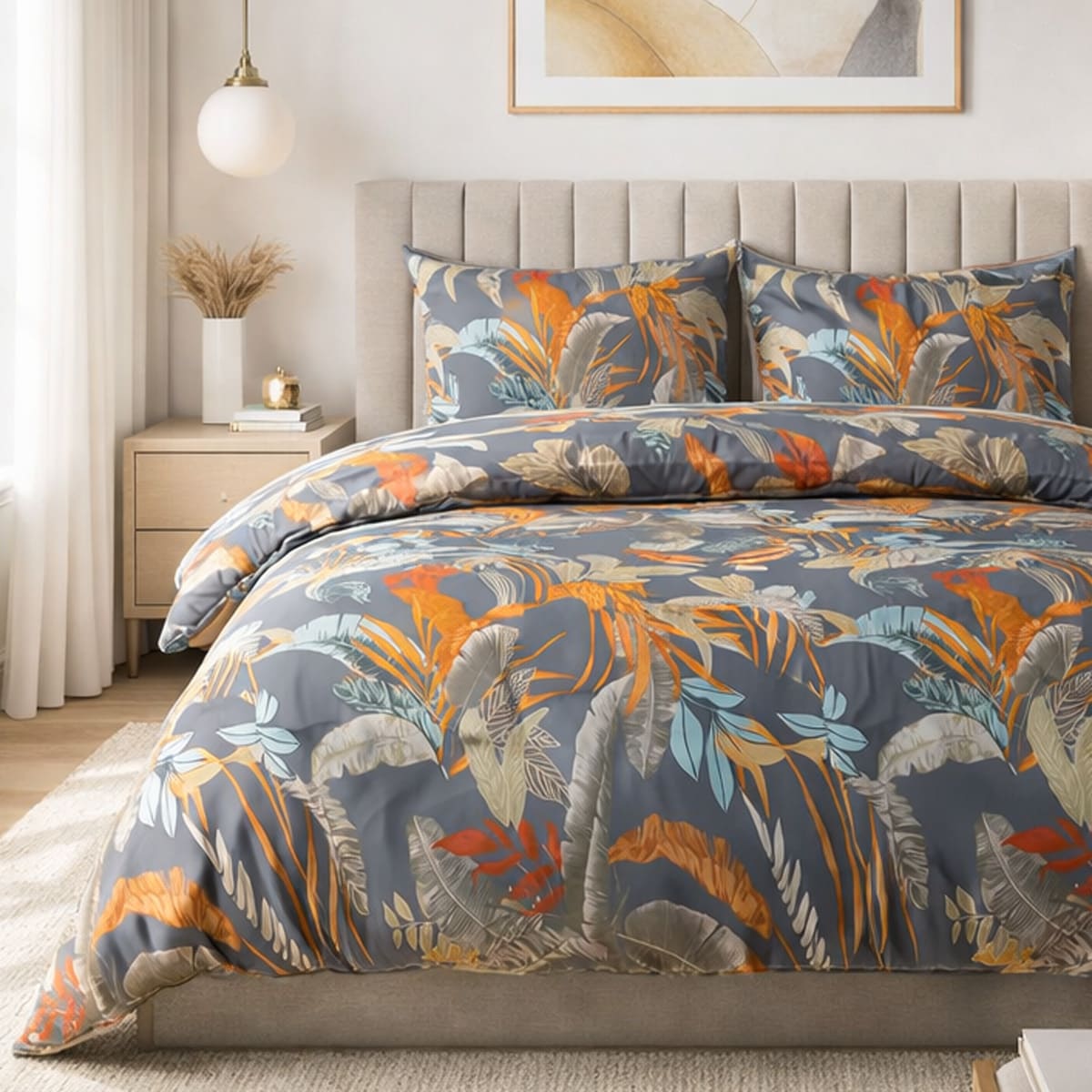 Pościel satyna bawełniana 140x200 Tropenza tropikalne liście na szarym tle, Satynlove