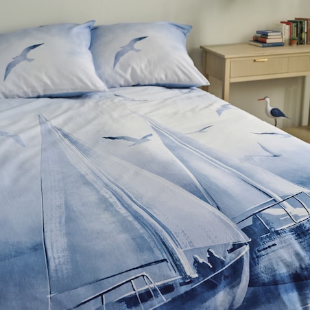Pościel z bawełny satynowej Boatsi 160x200 cm z motywem morskim