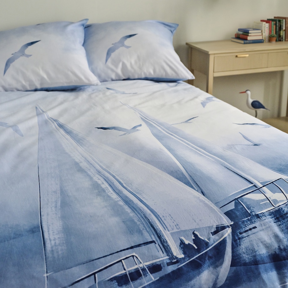Pościel z bawełny satynowej Boatsi 160x200 cm z motywem morskim