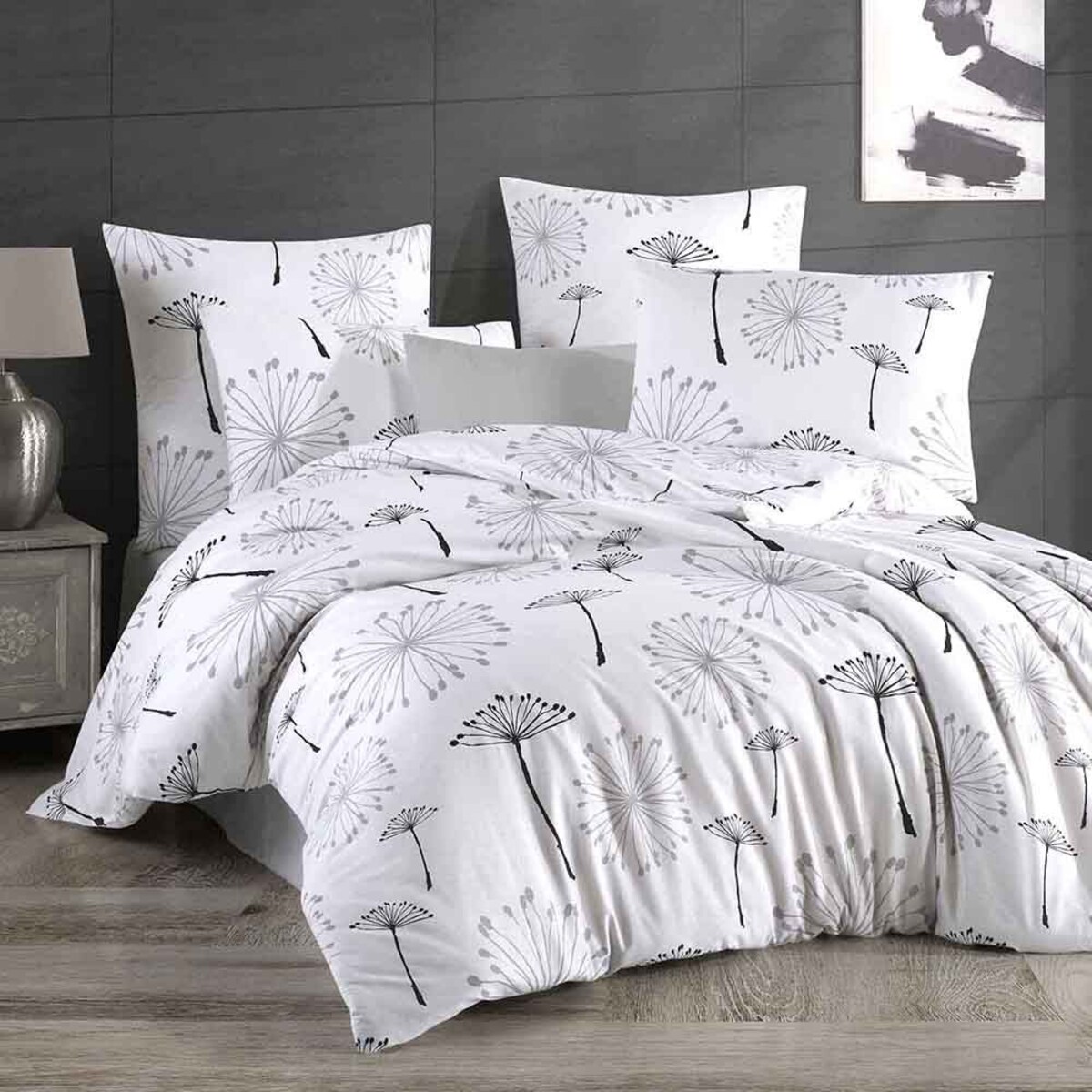 Pościel bawełniana Arabella biała w szare i czarne dmuchawce, Cottonlove Exclusive, Darymex