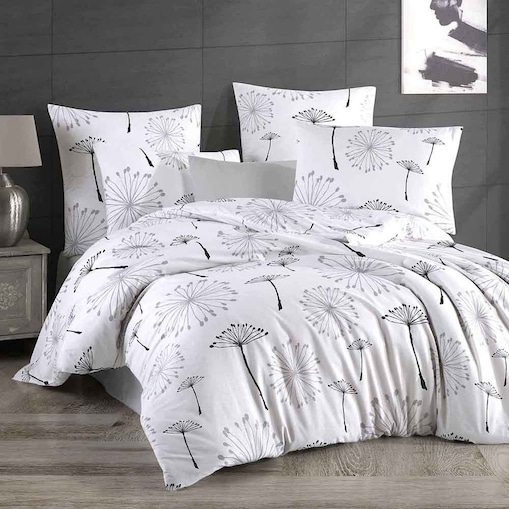 Pościel bawełniana Arabella biała w szare i czarne dmuchawce, Cottonlove Exclusive, Darymex