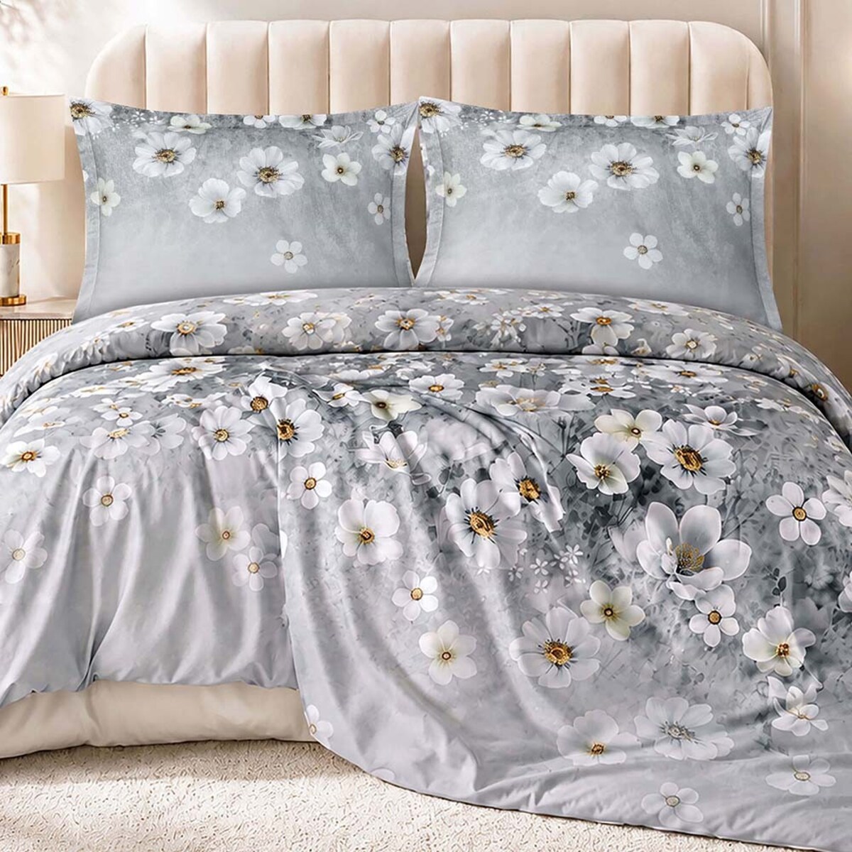 Pościel satyna bawełniana Solara, szara w białe kwiaty, Luxury Premium, Darymex