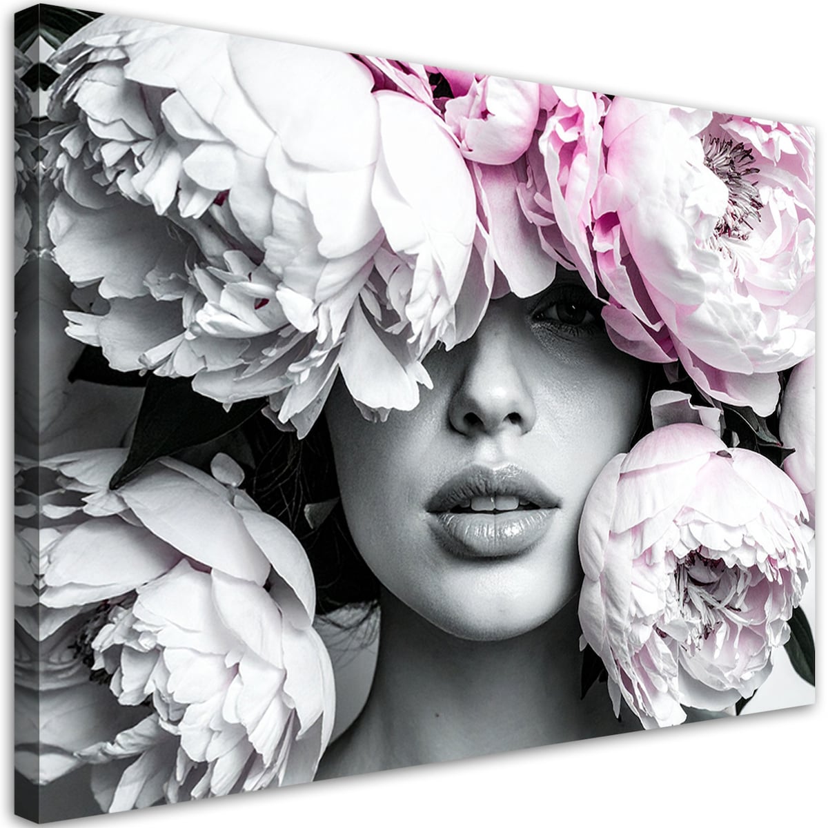 Obraz do salonu sypialni, Kobieta z kwiatami piwonii na głowie 90x60