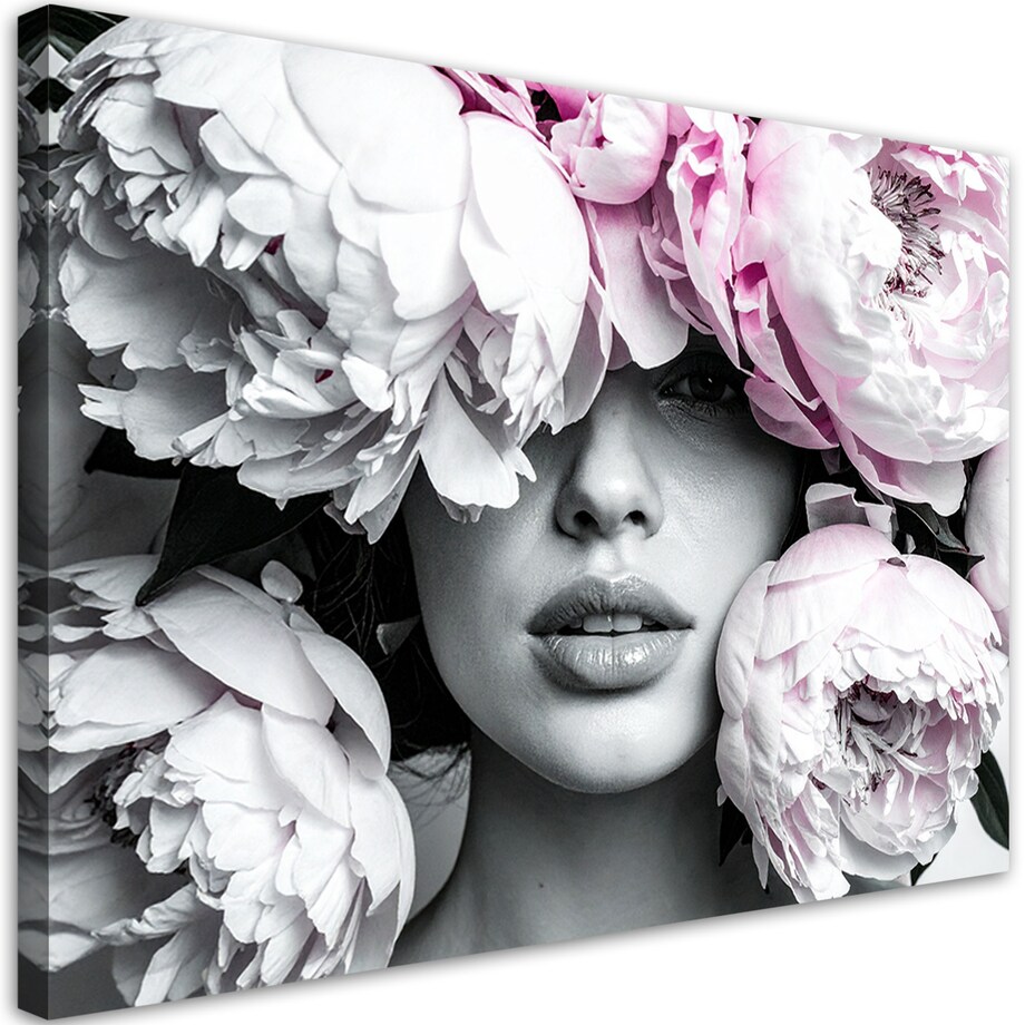 Obraz do salonu sypialni, Kobieta z kwiatami piwonii na głowie 90x60