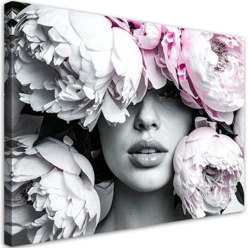 Obraz do salonu sypialni, Kobieta z kwiatami piwonii na głowie 90x60