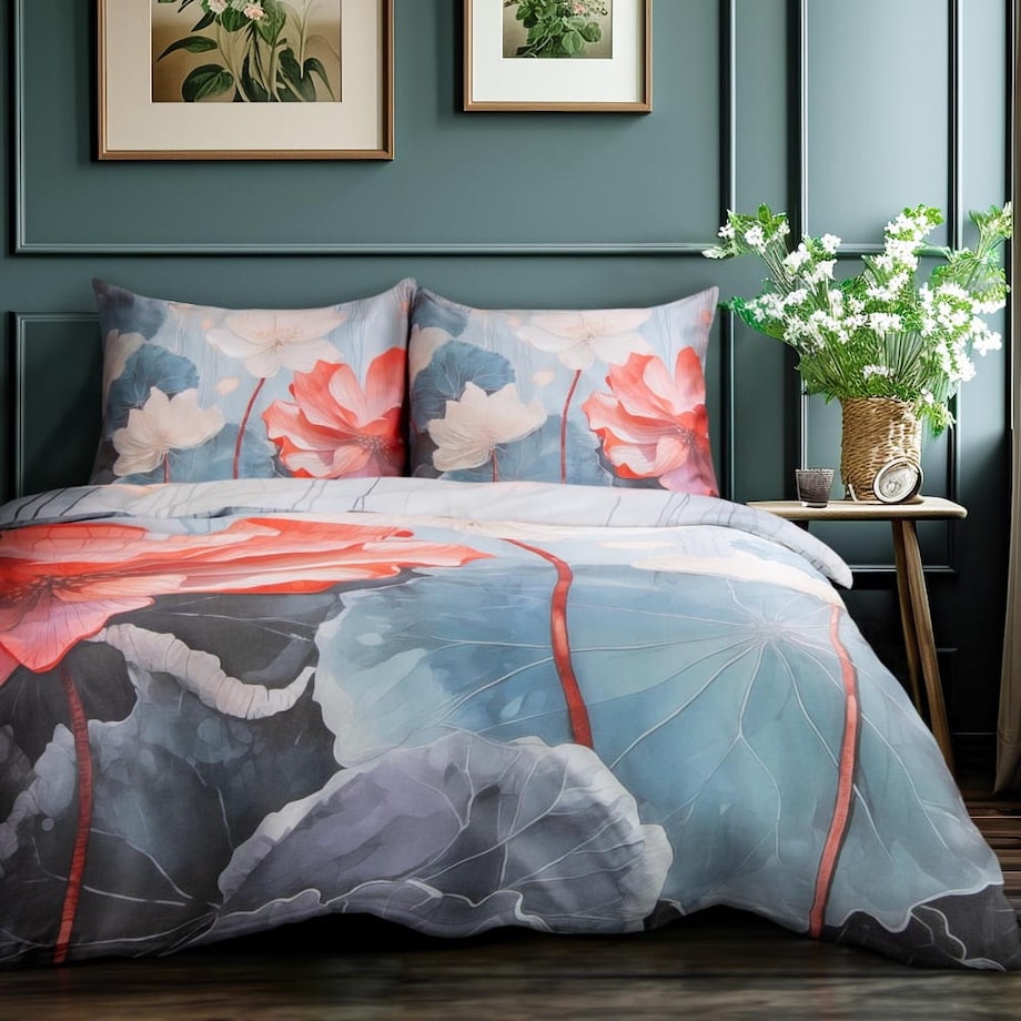 Pościel satyna bawełniana 160x200 Satynlove Premium w czerwono beżowe kwiaty i szare liście