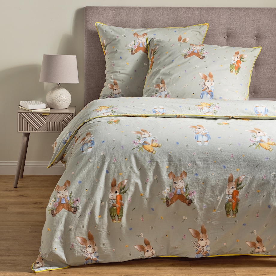 Pościel bawełniana z lamówką Emi 160x200 cm z motywem królika