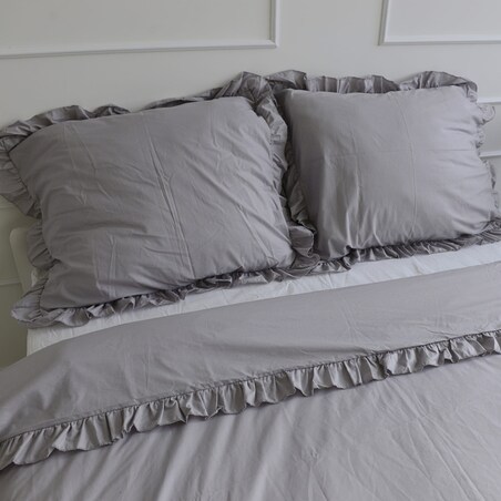 Pościel bawełniana z falbanką jasnoszara 220x200 + 2x50x60