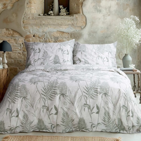 Pościel bawełniana 160x200 Cottonlove Exclusive Tuva szara w zielone wzorzyste liście