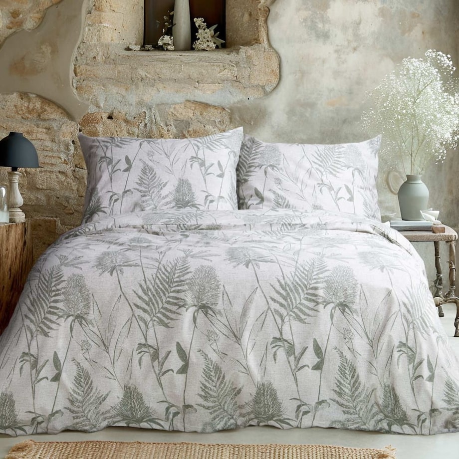 Pościel bawełniana 160x200 Cottonlove Exclusive Tuva szara w zielone wzorzyste liście
