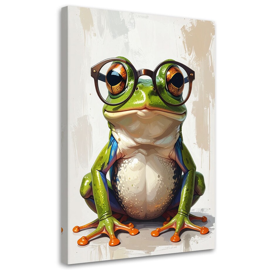 Obraz do pokoju nastolatka dziecka, Zielona żaba w okularach na beżowym tle 40x60 cm
