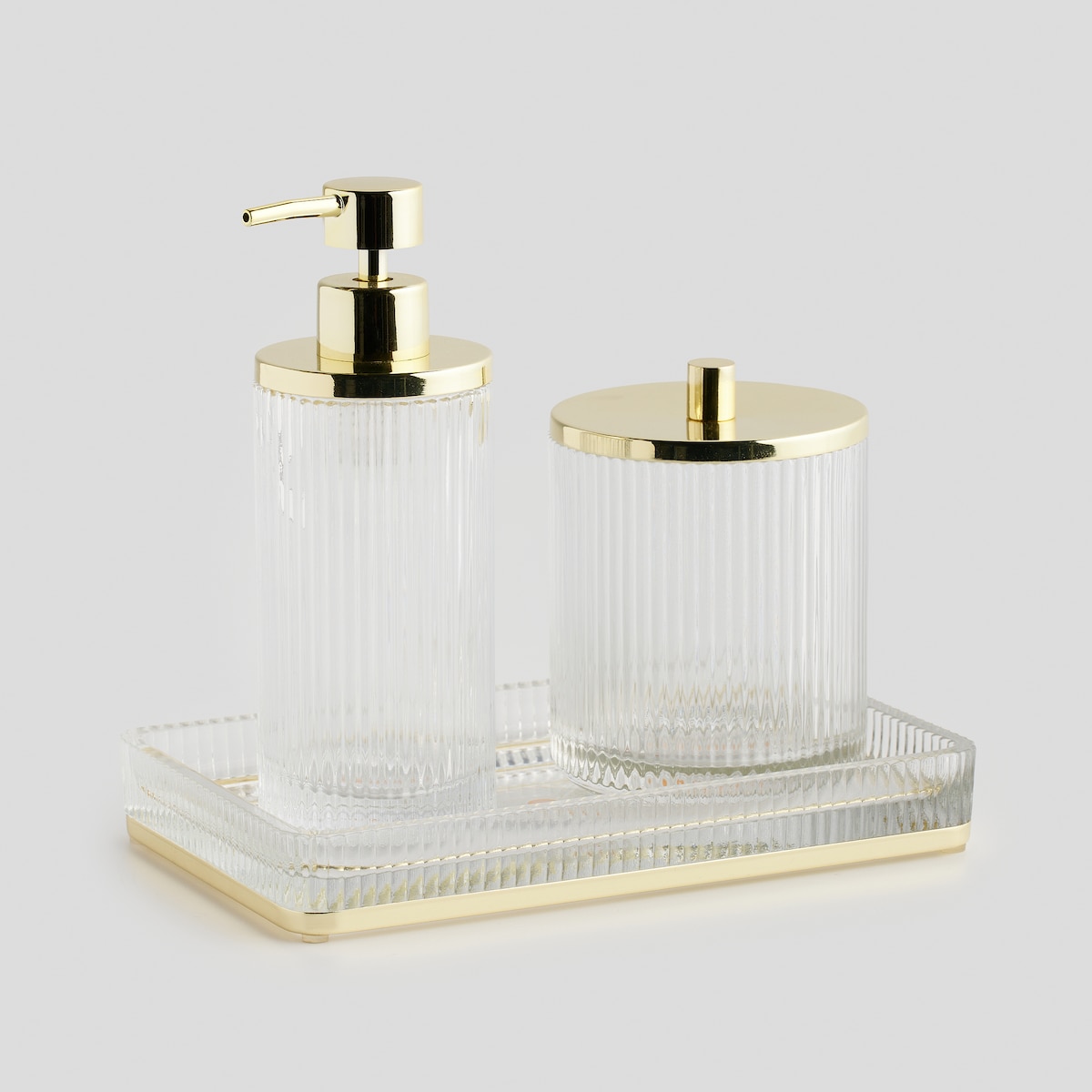 Pojemnik łazienkowy z ryflowanego szkła zdobiony metalem marcella