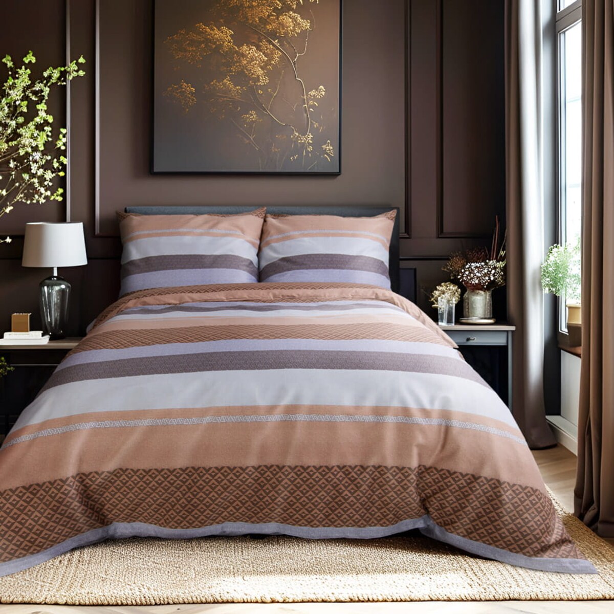 Pościel satyna bawełniana 200x220 Exclusive Mia pomarańczowo-brązowe pasy