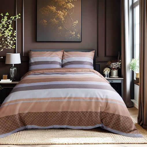 Pościel satyna bawełniana 200x220 Exclusive Mia pomarańczowo-brązowe pasy