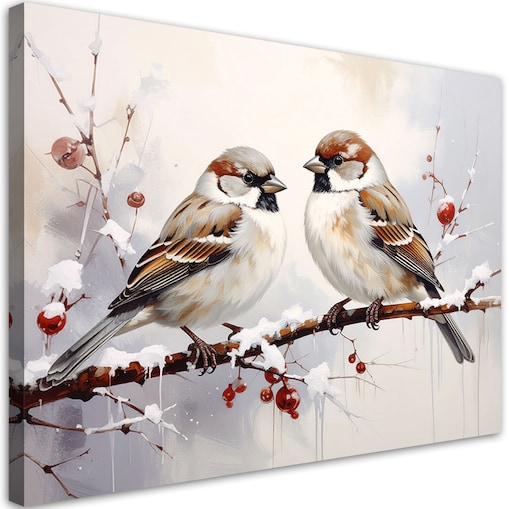Obraz do salonu kuchni biura, Ptaki siedzące na gałęzi zimą w beżu