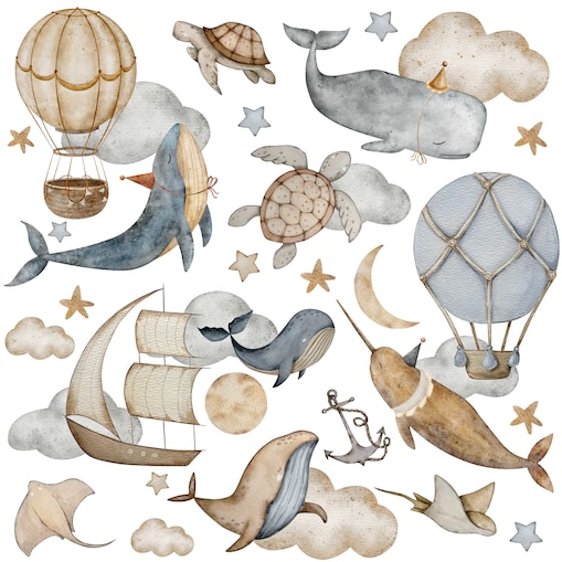 Naklejki Na Ścianę Dla Dzieci Wieloryby Chmury Statki Balony Gwiazdy ZESTAW 120x60cm